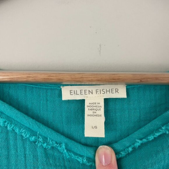 Eileen Fisher Gauzy Cotton Teal Blue Frayed Hem Top Size Large - Picture 3 of 6